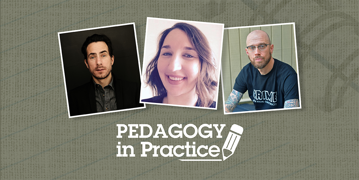 Pedagogy in Practice pencil logo with headshots of three participants